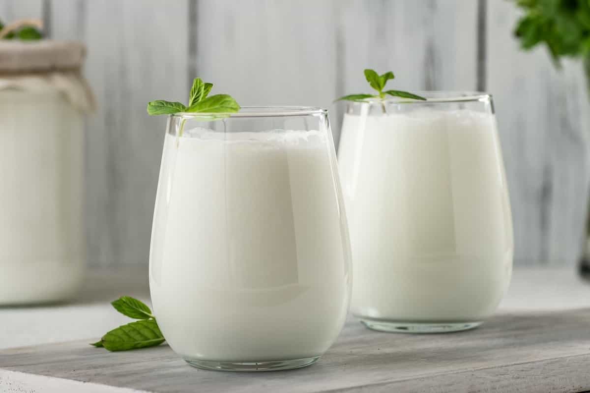 دو لیوان شیشه ای پر از دوغ با برگ نعناع روی آن ها