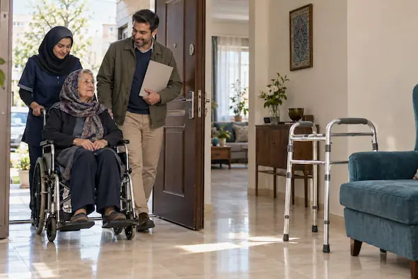 سالمند ایرانی پس از درمان شکستگی لگن با ویلچر به خانه بازمیگردد و واکر و صندلی مناسب برای دوران نقاهت آماده شدهاند.