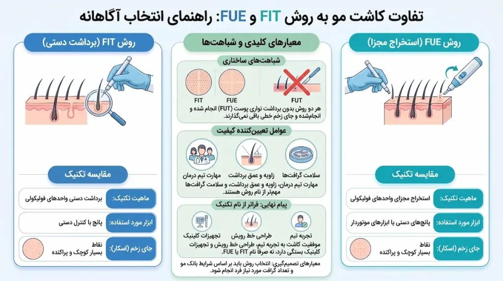 تصویر اینفوگرافیک مقایسه روش های کاشت مو fit و fue